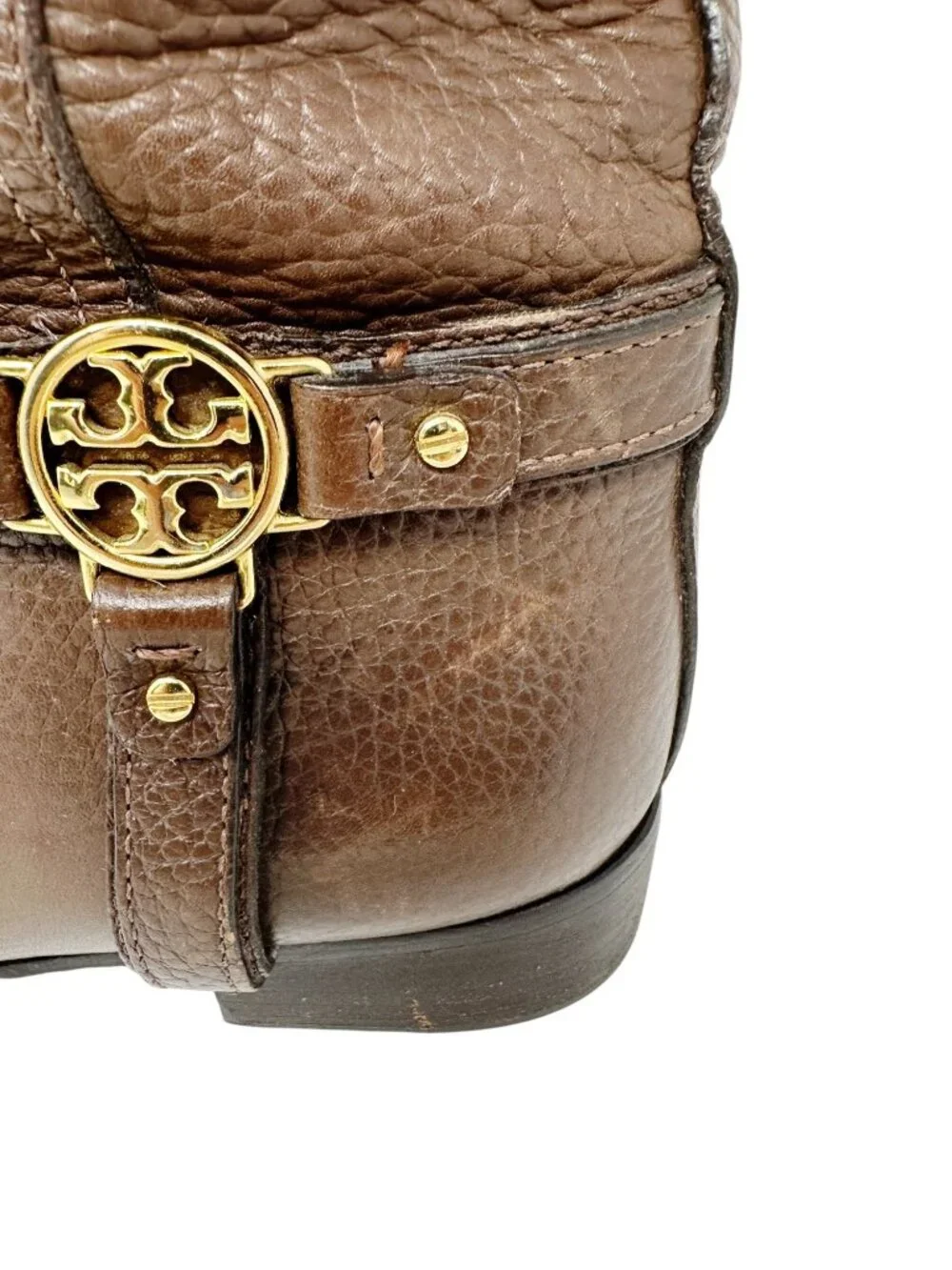 Tory Burch Logo Harness Riding Boots Brown Pebbled Leather Women's 10.5